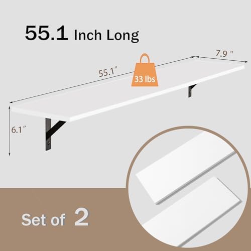 DINZI LVJ Long Wall Shelves, 55.1Inch Wooden Floating Shelves with Brackets