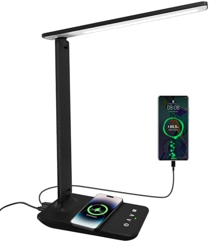 LED Desk Lamp Dimmable Table Lamp with USB Charging Port, 5 Lighting Modes, Sensitive Control, Foldable Portable Desk Light for Home Office Bedroom Reading (Black-Pro, Standard Size - 13.3 inch)