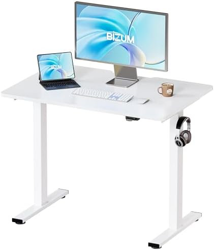 BIZUM 35.4" Small Electric Standing Desk Height Adjustable, Whole Piece Stand Up Computer Desk Work Study Writing Gaming Desks for Home Office White