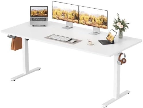 63 Inch Electric Standing Desk, Height Adjustable Sit to Stand Desk, Computer Workstation for Home Office and Gaming, Rising Table with Memory Preset & Splice Board, White