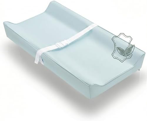 Vegan Leather Contoured Baby Changing Pad | Waterproof & Wipe-Clean PU Leather Diaper Change Mat, Soft, Wipeable Cover, Safety Strap, Non-Slip Bottom, Topper for Standard Infant Diaper Table & Dresser