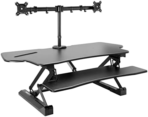 Mount-It! Electric Standing Desk Converter with Dual Monitor Arm, Stand Up Desk Riser X-Large 47.2" Wide, Electric Desk Riser with Mount for 2 Screens (Max 32"), Desktop with Keyboard Tray, USB, Black