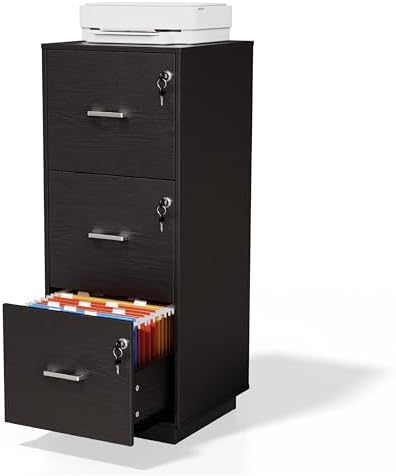 VINGLI 3 Drawer File Cabinet with Lock, Home Office Filing Organizer, for Letter Size File Folder Storage, Wood Tall Vertical Filing Cabinet, Printer Stand, Archivador (Black)