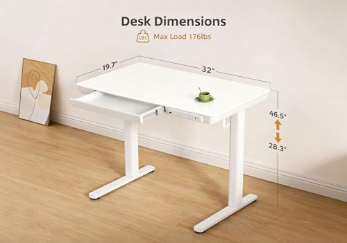 Claiks Small Glass Standing Desk with Drawers & USB Ports 32x19 White