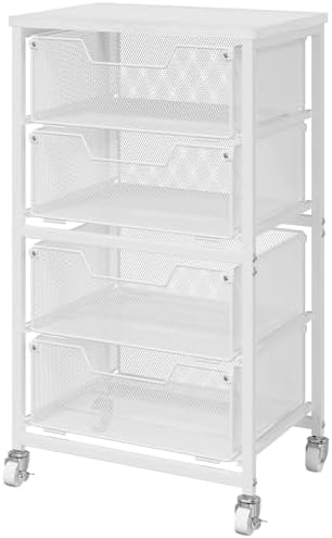 4-Drawer Rolling Storage Cart, Utility Cart with Drawers, White Metal Craft Cart Organizer with Wheels & Wooden Top, Art Supply Storage Organizer for Classroom, Office, Kitchen,Patent Pending