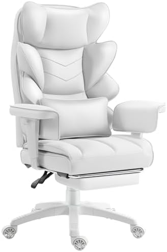 Office Chair,Executive Ergonomic Office Chair with Pocket Spring Cushion, High Back Computer Gaming Chair with Adjustable Armrests, Lumbar Support, Footrest, Executive Chair- White PU Leather