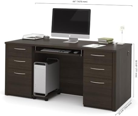 Bestar Executive Desk with Two Pedestals, 66W, Dark Chocolate, Embassy, 66W