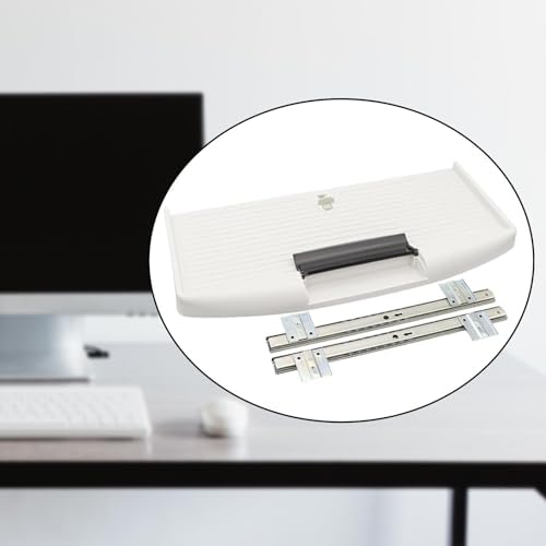 Keyboard Tray Under Desk Sliding Drawer Shelf Pull Out Computer Keyboard Drawer with Smooth Metal Rail and Pp Build Suitable for Home Office, White 27mm W Rail