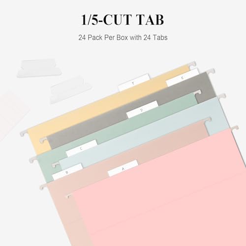 ViVin Hanging File Folders 24 Pack,Letter Size with 1/5-Cut Adjustable Tabs, Assorted Colors, Reinforced File Organizer for Office Desk, Home Filing Cabinet & School Drawer