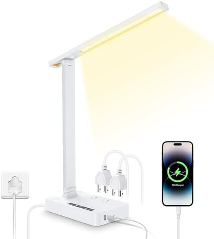 LAOPAO Desk Lamp with USB Charging Port: Power Strip with Surge Protection - 1 Type-C, 1 USB-A Charging Port, 2 AC Power Outlets, Desk Lamps for Home Office College Dorm Room Essentials