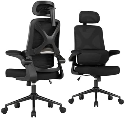 Ergonomic Office Chair - Desk Chair with Adjustable Headrest Lumbar Support Computer Chair - Mesh Comfy Chair with Flip-up Armrests - Gaming Chairs for Adults Home Office (Black+Black)
