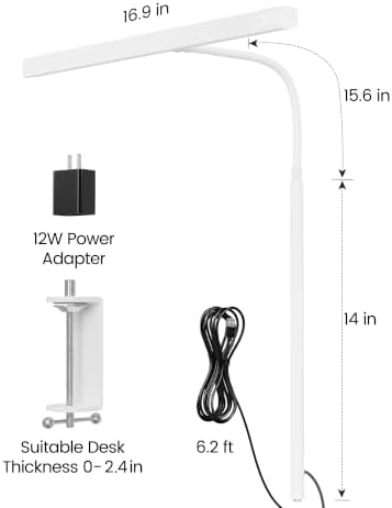 SUPERDANNY LED Desk Lamp for Office Home, 12W Eye-Caring Light with Clamp