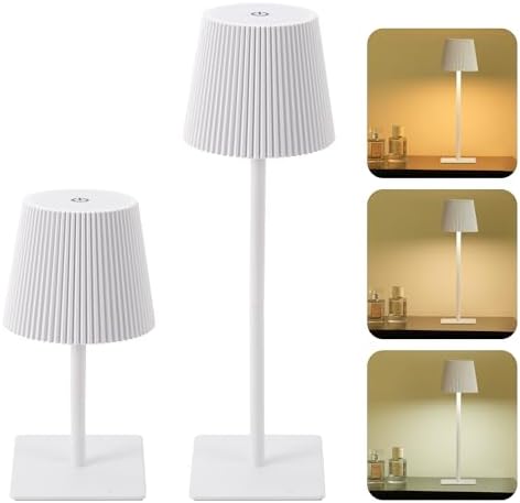 LUTEC 2 Pack Cordless Table Lamp,6000mAh Rechargeable Battery Operated Desk Lamp,Two Adjustable Heights,Waterproof, Touch Control & 3 Color Stepless Dimming for Restaurant/Bedroom/Bars/Outdoor (White)