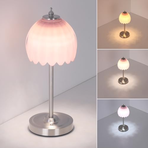 Shenmoyl Rechargeable Table Lamp with 5200mAh Battery & Touch Control - 3 Adjustable Color Temperatures, Cordless Dimmable Table Light for Bedroom, Office Desk, Nightstand (Creamy Pink,Silver Base)