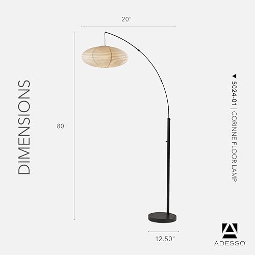 Adesso Floor Lamp, Black & Off-White Paper, Overhead Light, 80”