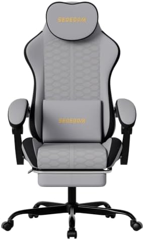Honeycomb Embossed Gaming Chair with Footrest & Massage Lumbar Support, Adjustable Ergonomic Office Chair for Adults, 300 lbs (Grey Black)