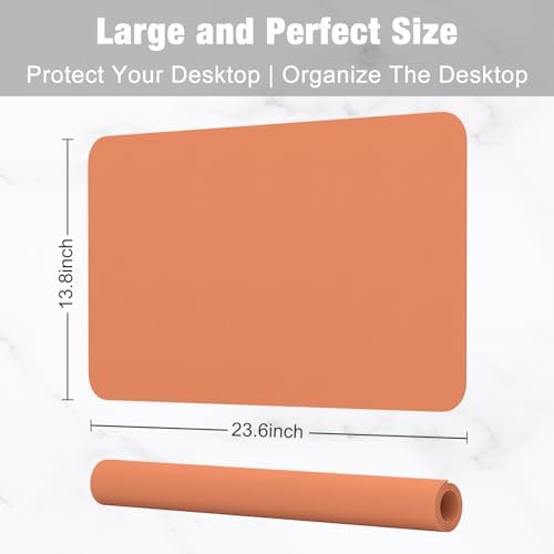 Hsurbtra Desk Pad, 23.6" x 13.8" PU Leather Desk Mat, M Extended Mouse Pad, Waterproof Desktop Blotter Protector, Non-Slip Ultra Thin Small Laptop Keyboard Writing Mat for Office Home, Orange Pink