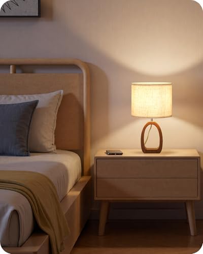 Wood Table Lamps Set of 2, 14.2" Small Bedside Lamp with Beige Linen Lampshade & Dark Pearwood Base, Modern Nightsantd Lamps, Cute Desk Lamp for Small Space, Bedroom, E26 Base, LE07TLP205