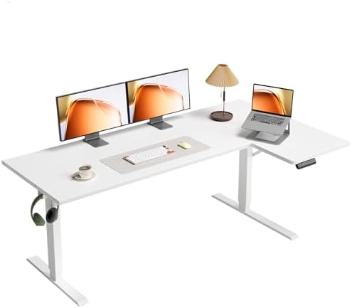 OffiGo 63 Inch Reversible L Shaped Electric Standing Desk, White