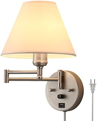 Swing Arm Wall Sconces, Plug-in Wall lamp,Bedroom Wall lamp ， White Fabric Shade，，with dimmable Switch and USB Charging Port, Suitable for Bedside, Living Room, Reading (Nickel)