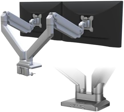 UPLIFT DESK Crestview Dual Monitor Arm - Gas Spring Monitor Mount with USB Ports, Fits 13-35” Inch Displays, VESA Compatible, Clamp or Grommet Mounting, Fits Standing Desks & Vertical Options (Gray)