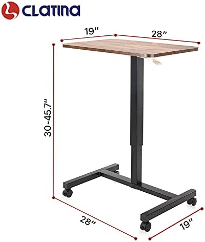 CLATINA Mobile Laptop Desk Pneumatic Sit to Stand Table Height Adjustable Rolling Cart with Lockable Wheels for Home Office Computer Workstation 28" x 19" Brown Round Edge Design Elegant