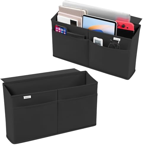 2 Pack Desk Side Hanging Organizer, Adhesive Storage Bag with Pockets for Magazine Ipad Notebook, for End Tables Home Office Desks Computer Workstations Dressing Table, Black