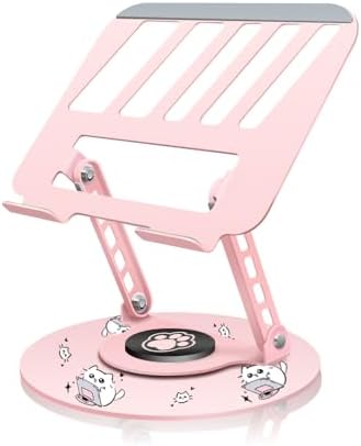 Upgraded Pink Swivel Laptop Stand - 360° Rotating Base & Foldable|Cute Cat Patterns for Healing Vibe|Fits MacBook & 13-15" Laptops|Ideal for Desk Work,Office,Travel,Home,Painting
