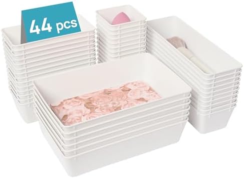 Vtopmart 44 PCS Plastic Drawer Organizer Set, Vanity Organizer Trays, White