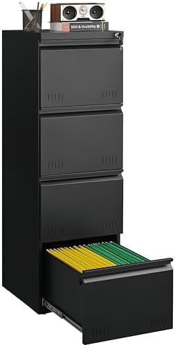 Guizeeopo Metal File Cabinet with Lock, Vertical 4 Drawer File Cabinets for Home Office, Heavy Duty Office Storage Cabinet for A4/Letter/Legal Size, Assembly Required(Black)
