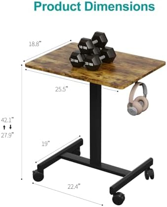 Mobile Desk on Wheels, Pneumatic Height Adjustable, Brown+Black