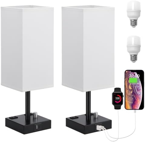 White Bedside Table Lamps Set of 2 - Dimmable, USB C+A, 2 AC Outlets