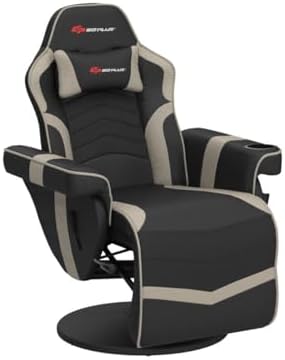POWERSTONE Gaming Recliner, PU Massage Gaming Chair with Footrest, Cup Holder, Headrest and Side Pouch, Adjustable Single Sofa Living Room Chair(Gray)