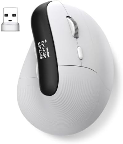 Eelexa Wireless Ergonomic Vertical Mouse with OLED Screen Display for Right Hand, Rechargeable Bluetooth Optical Computer Mice,Compatible with Windows MAC OS (White)