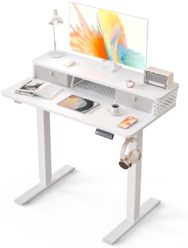 Kingant 35x20 Inch Electric Standing Desk with Dual Drawers, White