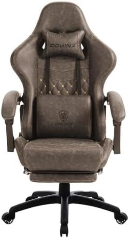 Dowinx Gaming Chair Big and Tall, Ergonomic Game Chair for Adults with Footrest and Massage Lumbar Support, High Back Computer Gamer Chair PU Leather, 350Lbs, for Office, Home, Brown