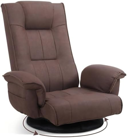 Ergonomic Swivel Floor Gaming Chair with Armrests & Side Pockets, 6-Position Reclining Sofa Bed, Foldable Padded Lounger with Thick Cushion & Lumbar Support for Esports, Reading, TV Watching, Brown