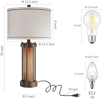 RORIA Farmhouse Table Lamps for Living Room with USB C+A Ports