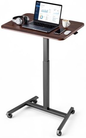 VEVOR Standing Desk, Adjustable Height Mobile Stand Up Desk with 4 Casters, 25.6 x 19 in Small Computer Sit Stand Rolling Workstation with Hook, 33 lbs Desktop Capacity, Ideal for Home Office, Brown