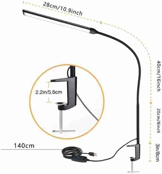 LED Desk lamp with Clamp, Eye Caring Clip,Desk Lamps for Home Office, Desk Light 3 Modes 10 Brightness, Long Flexible Gooseneck Led Lamp Office Lamp with USB Adapter