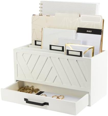 BLU MONACO | Wooden Mail Organizer with Drawer and Gold Labels | Mail Sorter Organizer Countertop for Desk | Paper and Letter Sorter for Office Storage