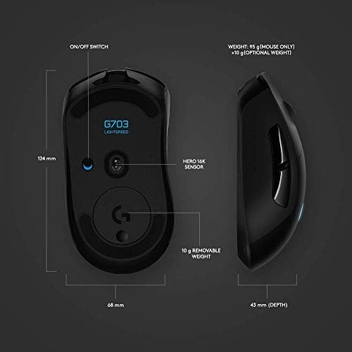 Logitech G703 Lightspeed Wireless Gaming Mouse W/Hero 25K Sensor, PowerPlay Compatible, Lightsync RGB, Lightweight 95G+10G Optional, 100-25, 000 DPI, Rubber Side Grips - Black (Renewed)