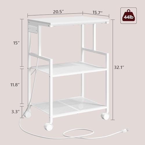 MAHANCRIS Mobile Printer Stand, 3-Tier Industrial Printer Cart with 2 AC Outlets and 2 USB Ports, Rolling Printer Table on Wheels for Home Offices Kitchen Organization Rack, White PTWT78E01