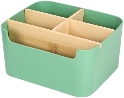 Segarty Green Remote Control Holder, Detachable Divided Bamboo Desk Organizer Caddy, Desktop Storage Box Pencil Pen Holder for Office Supplies Bedside Table Organizers
