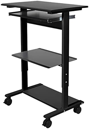 Stand Up Desk Store Mobile Rolling Adjustable Height Standing Workstation with Printer Shelf and Slideout Keyboard Tray (Black Frame/Black Top, 30" Wide)