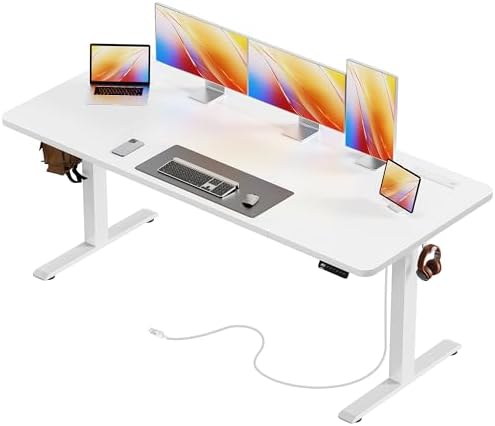 Huuger 63 X 24 Inch Electric Standing Desk with Power Outlets and USB-C Port, Height Adjustable Desk, Sit Stand Desk for Home Office, Computer & Gaming Desk with 3 Presets, Stable Steel Frame, White