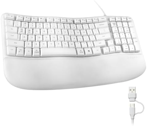 SANWA Wired Ergonomic Keyboard, Curved Wave Keyboard with Cushioned Wrist Rest, Compact Full-Size Layout, USB-A & C Port, 13 Shortcuts Keys, Natural Typing, Compatible with Win/Mac, Laptop, PC, White