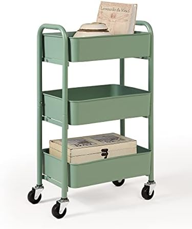 SunnyPoint 3-Tier Delicate Compact Rolling Metal Storage Organizer - Mobile Utility Cart Kitchen/Under Desk Cart with Caster Wheels - Turq (15.35" X 10.24" X 26.8"H)