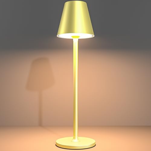 Timjorman 1-Pack Cordless Table Lamps - 5000mAh Rechargeable Battery Operated Desk Lamp, 3-Level Dimmable LED Night Light for Bedroom, Dining, Restaurant - Metal Design (Champagne Gold-1Pack)