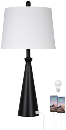 Rinweey 28" Black Touch Table Lamp with USB A+C Ports, 3-Way Dimmable Bedroom Lamp for Night Stand, Tall Modern Touch Lamp for Living Room End Table, Includes LED Bulb